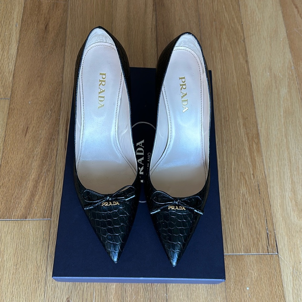 PRADA Black Croc Embossed Pump with Gold Hardware